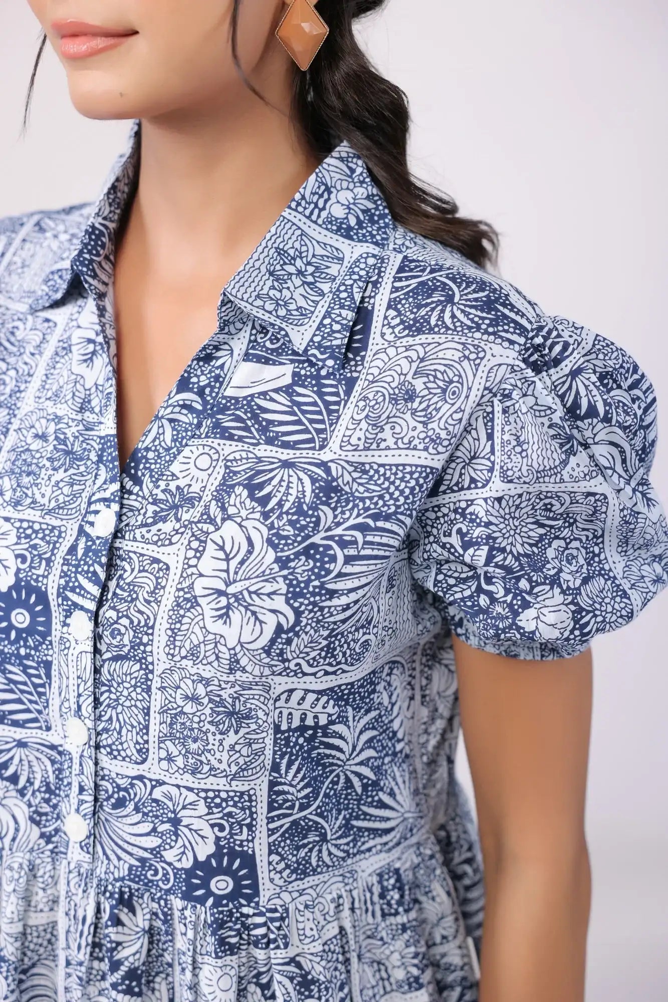 Leafy Shore Blue Cotton Dress