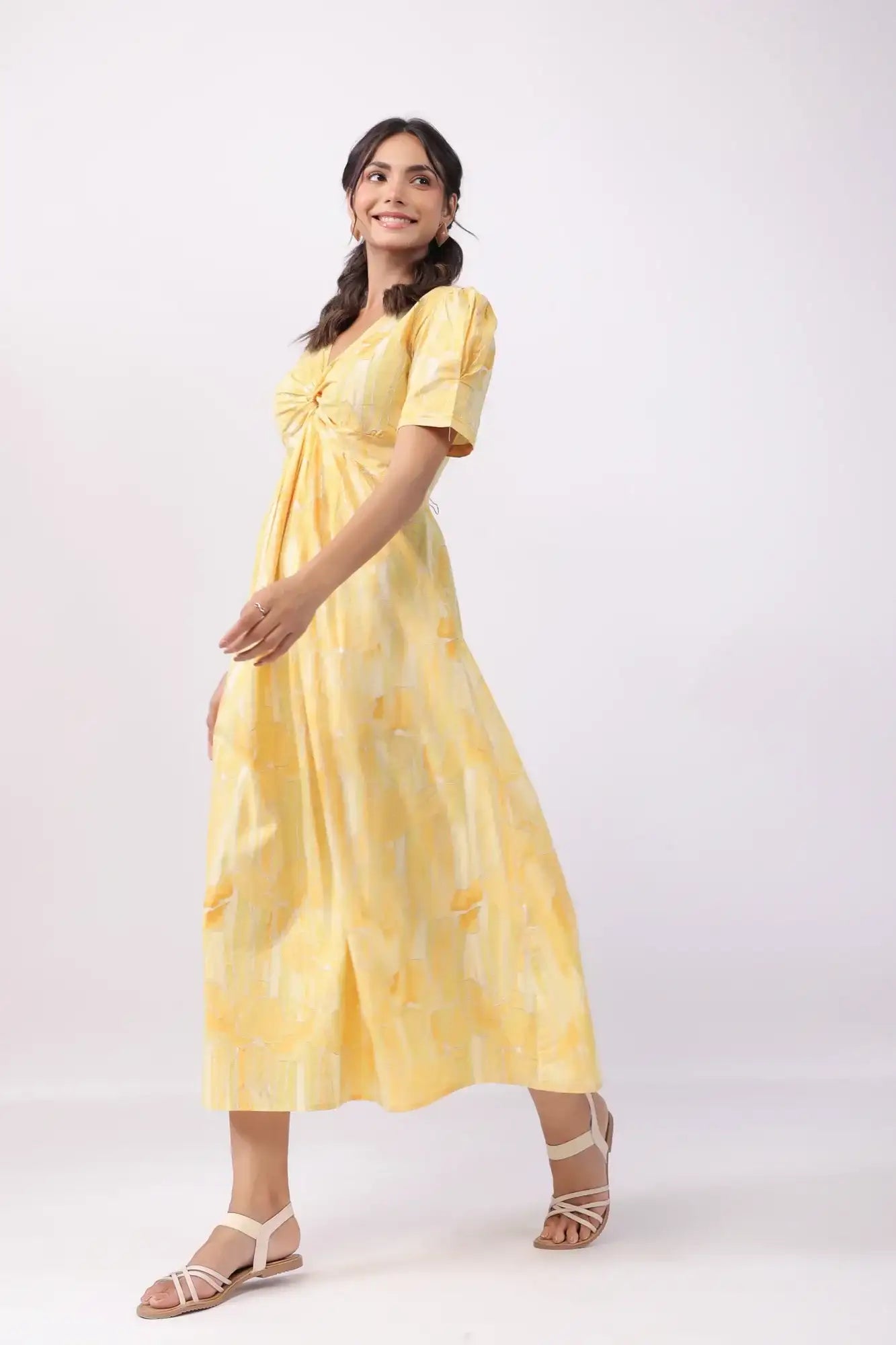 Sunrise Splash Yellow Cotton Midi Dress