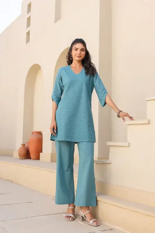 Teal Bliss Schiffli Cotton Co-ord Set