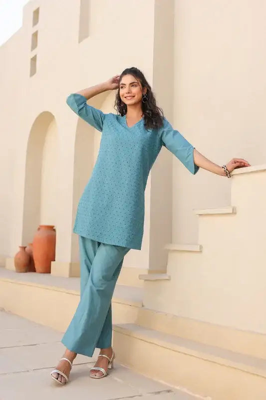 Teal Bliss Schiffli Cotton Co-ord Set