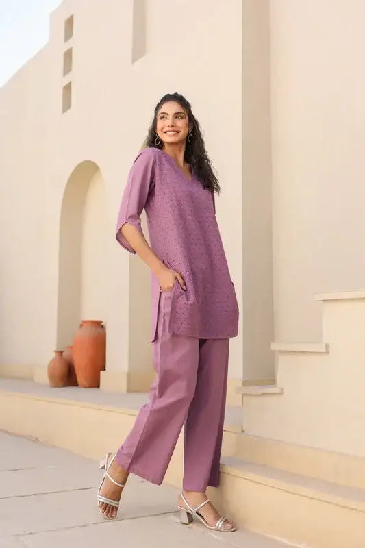Mauve Melody Schiffli Cotton Co-ord Set