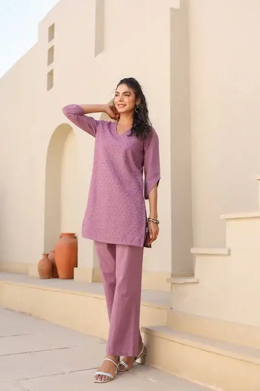 Mauve Melody Schiffli Cotton Co-ord Set