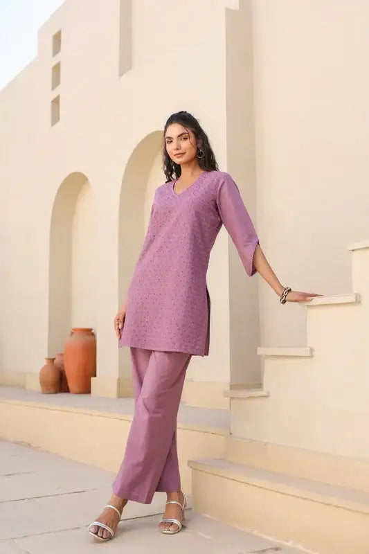 Mauve Melody Schiffli Cotton Co-ord Set