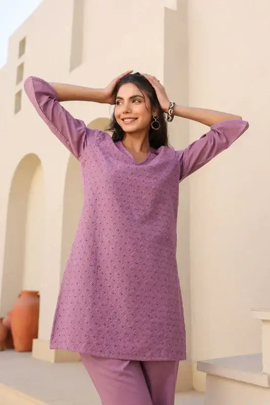 Mauve Melody Schiffli Cotton Co-ord Set