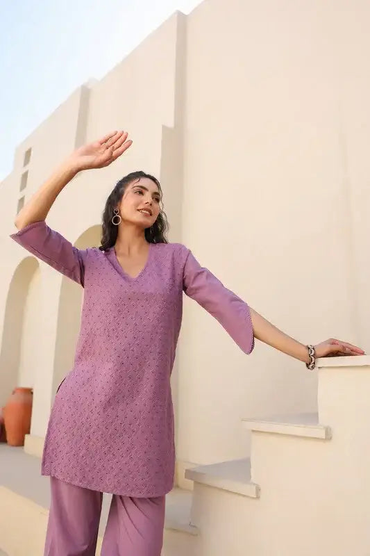 Mauve Melody Schiffli Cotton Co-ord Set