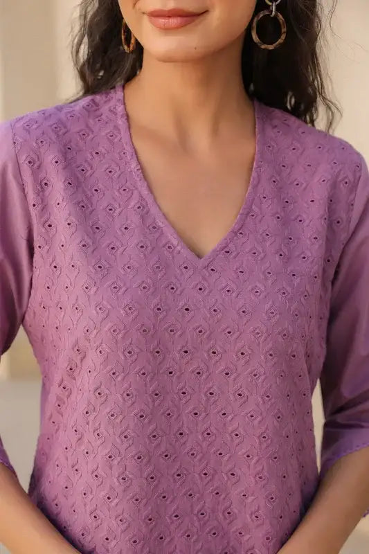 Mauve Melody Schiffli Cotton Co-ord Set