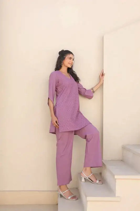 Mauve Melody Schiffli Cotton Co-ord Set