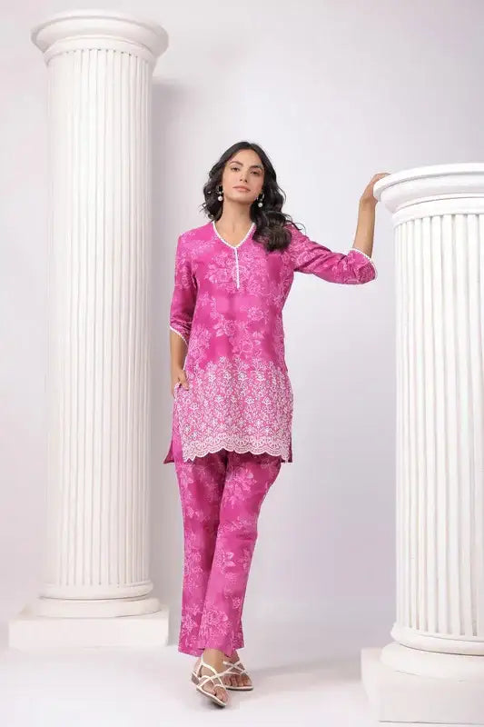 Pink Blossom Ensemble Schiffli Cotton Co-ord Set