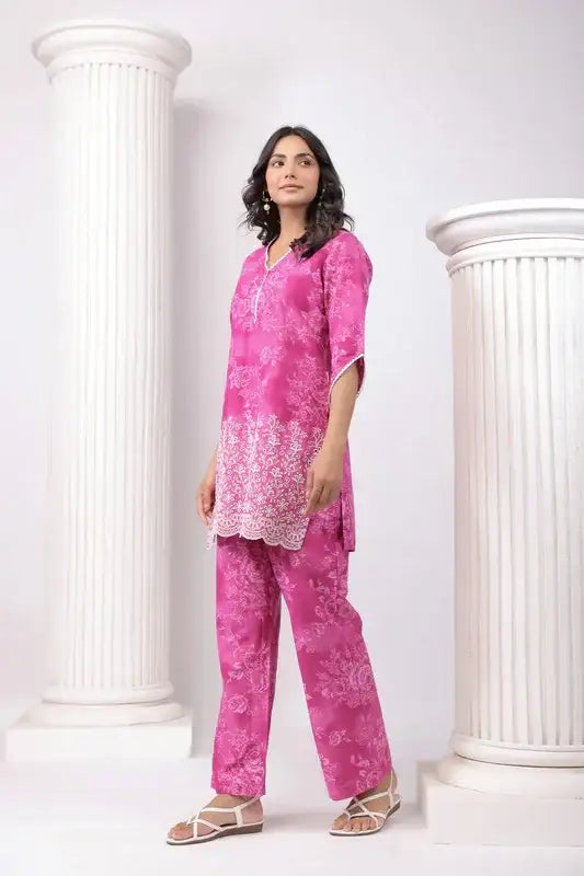 Pink Blossom Ensemble Schiffli Cotton Co-ord Set