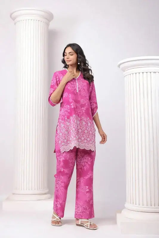 Pink Blossom Ensemble Schiffli Cotton Co-ord Set
