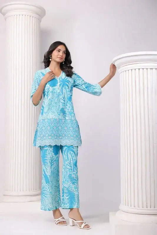 Turquoise Paradise Aqua Schiffli Cotton Co-ord Set