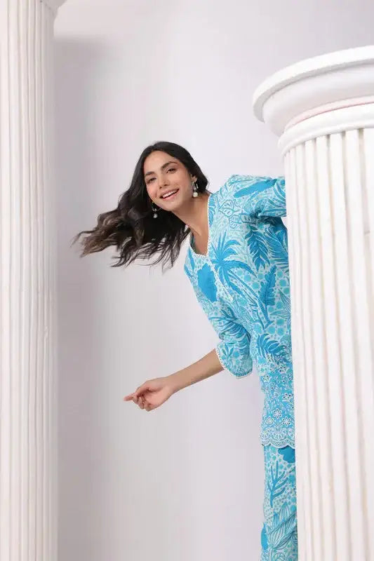 Turquoise Paradise Aqua Schiffli Cotton Co-ord Set