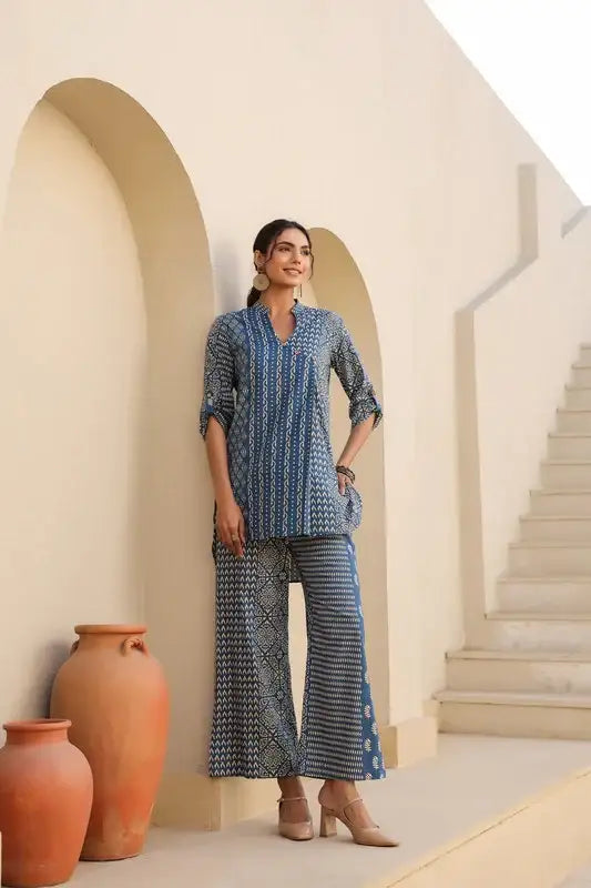 Indigo Elegance Cotton Co-ord Set