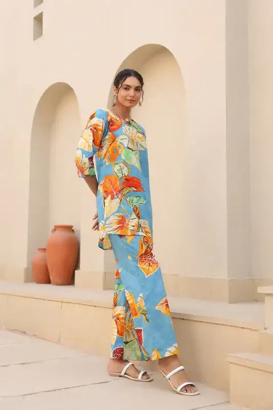 Tropical Blue Cotton Loungewear Set