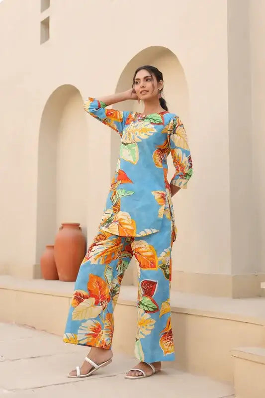 Tropical Blue Cotton Loungewear Set