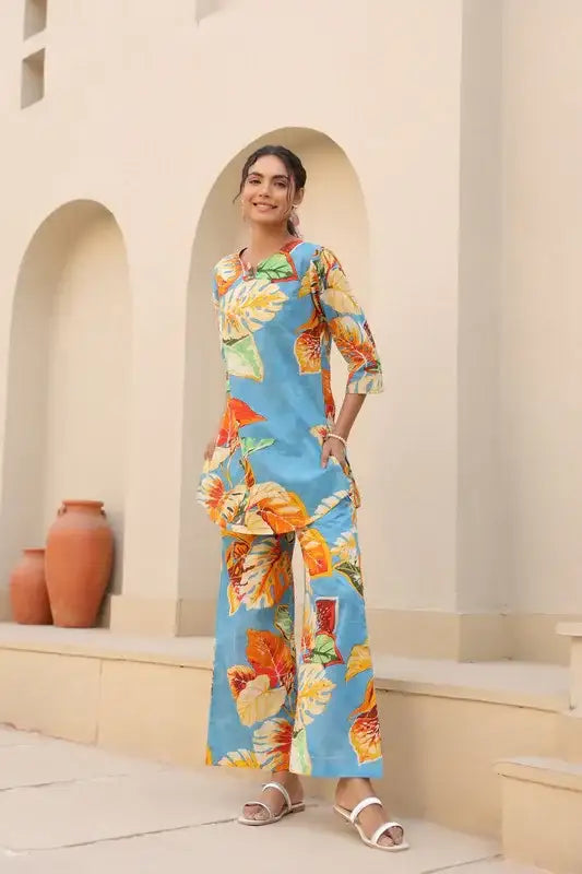 Tropical Blue Cotton Loungewear Set