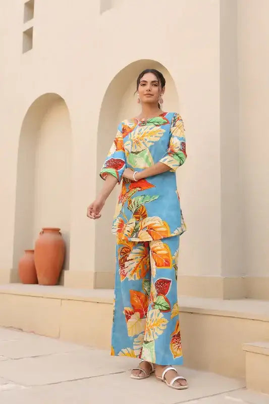 Tropical Blue Cotton Loungewear Set