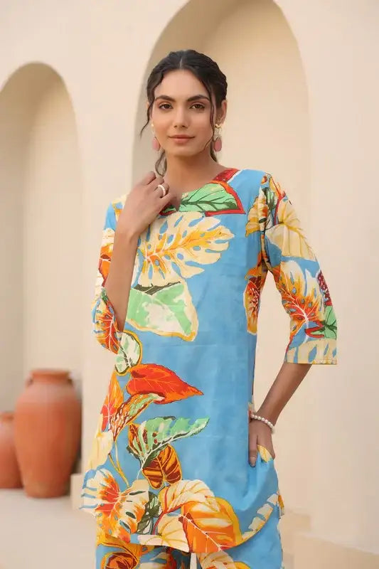 Tropical Blue Cotton Loungewear Set