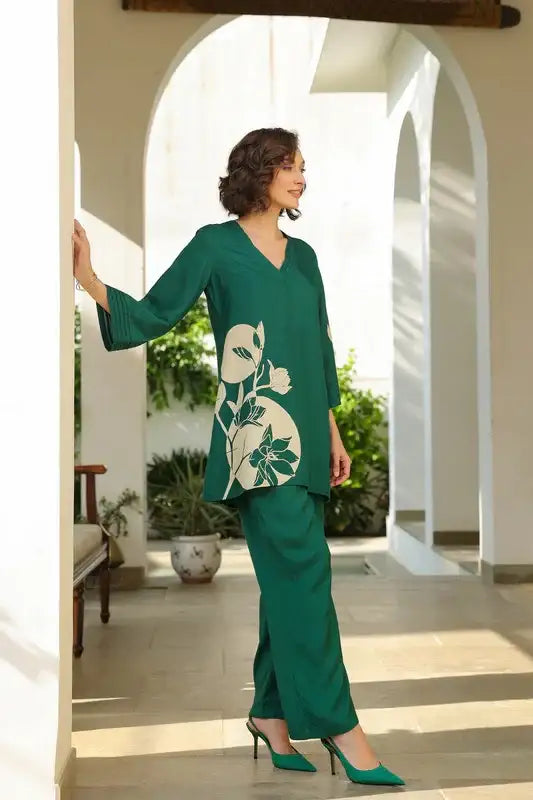 Leafy Azure Russian Silk Co-ord Set