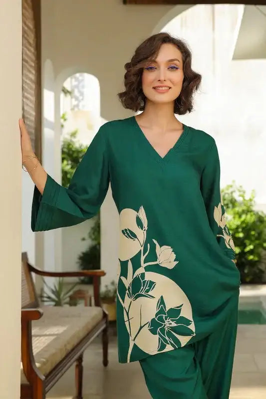 Leafy Azure Russian Silk Co-ord Set