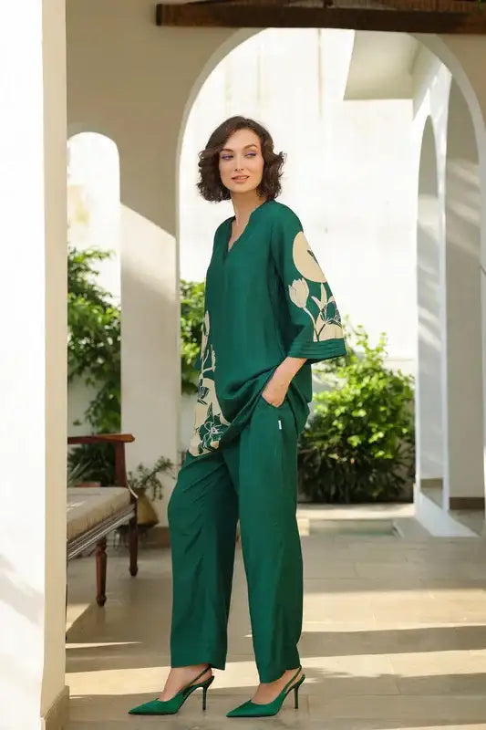 Leafy Azure Russian Silk Co-ord Set