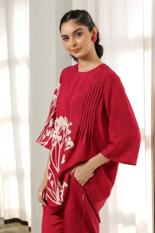 Regal Red Leaf Russian Silk Co-ord set