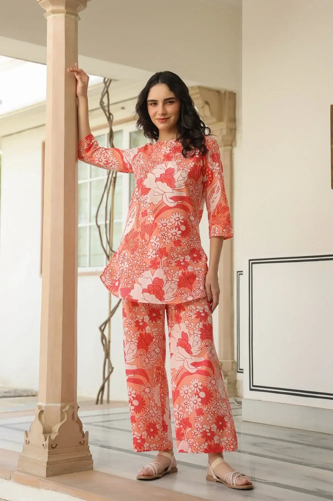 Crimson Garden Cotton Palazzo Loungewear Set