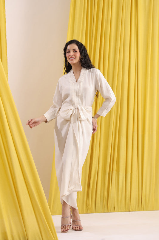 Off-White Solid Wrap Style Long Sleeve Co-ord Set