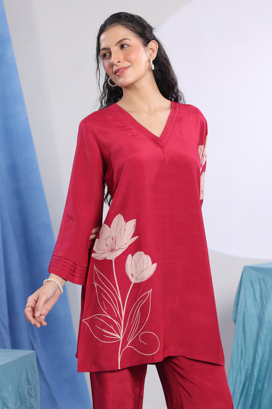 Maroon Floral Floral Motif Printed Co-ord Set