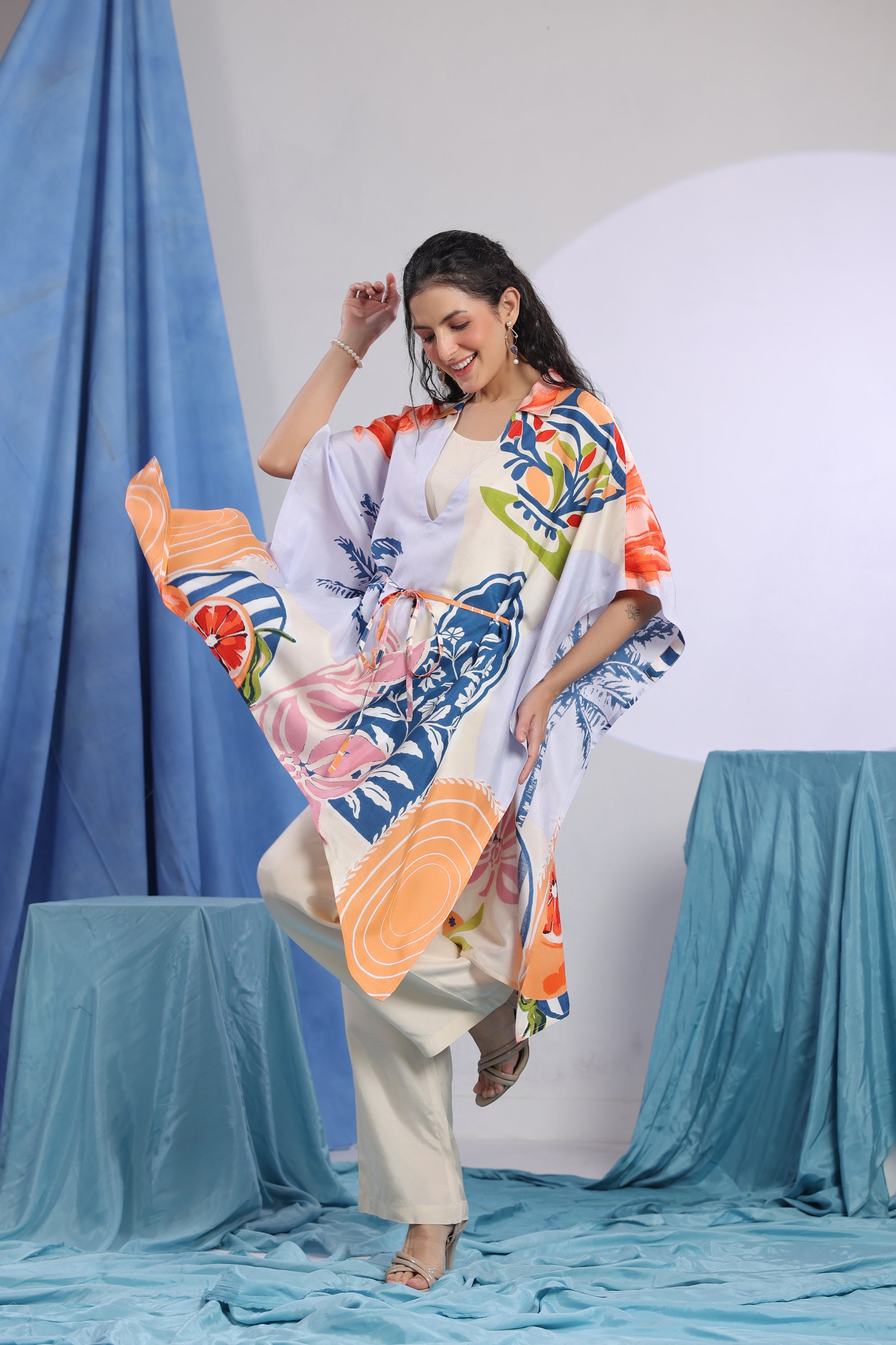 Multicolour Tropical Printed Casual Russian Silk Co-ord Set