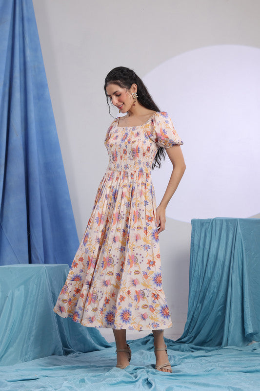 Peach Floral Print Smocked Midi Dress