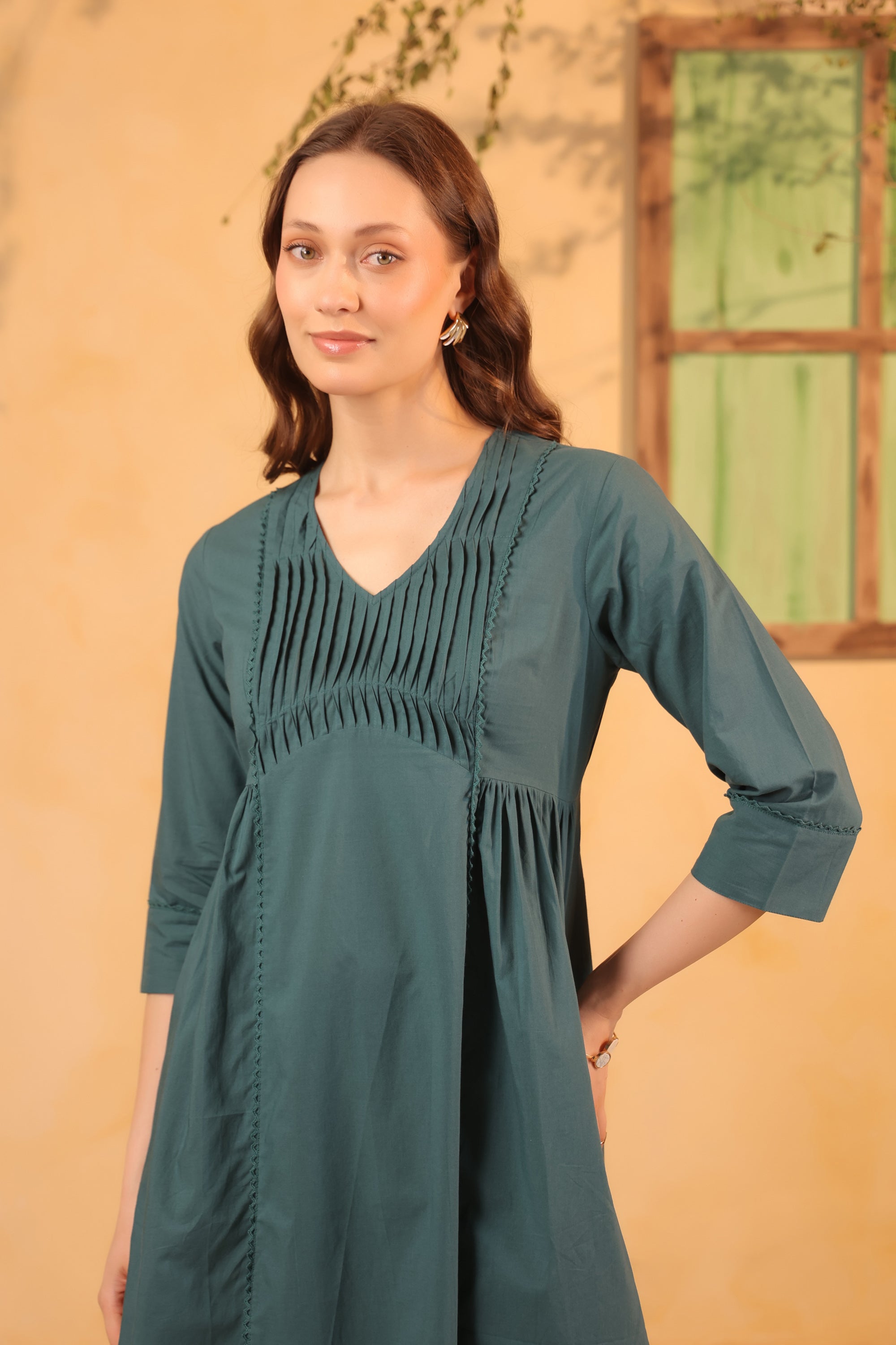 Green Classic Pintuck Solid Cotton Designer Kurta with Pant Set