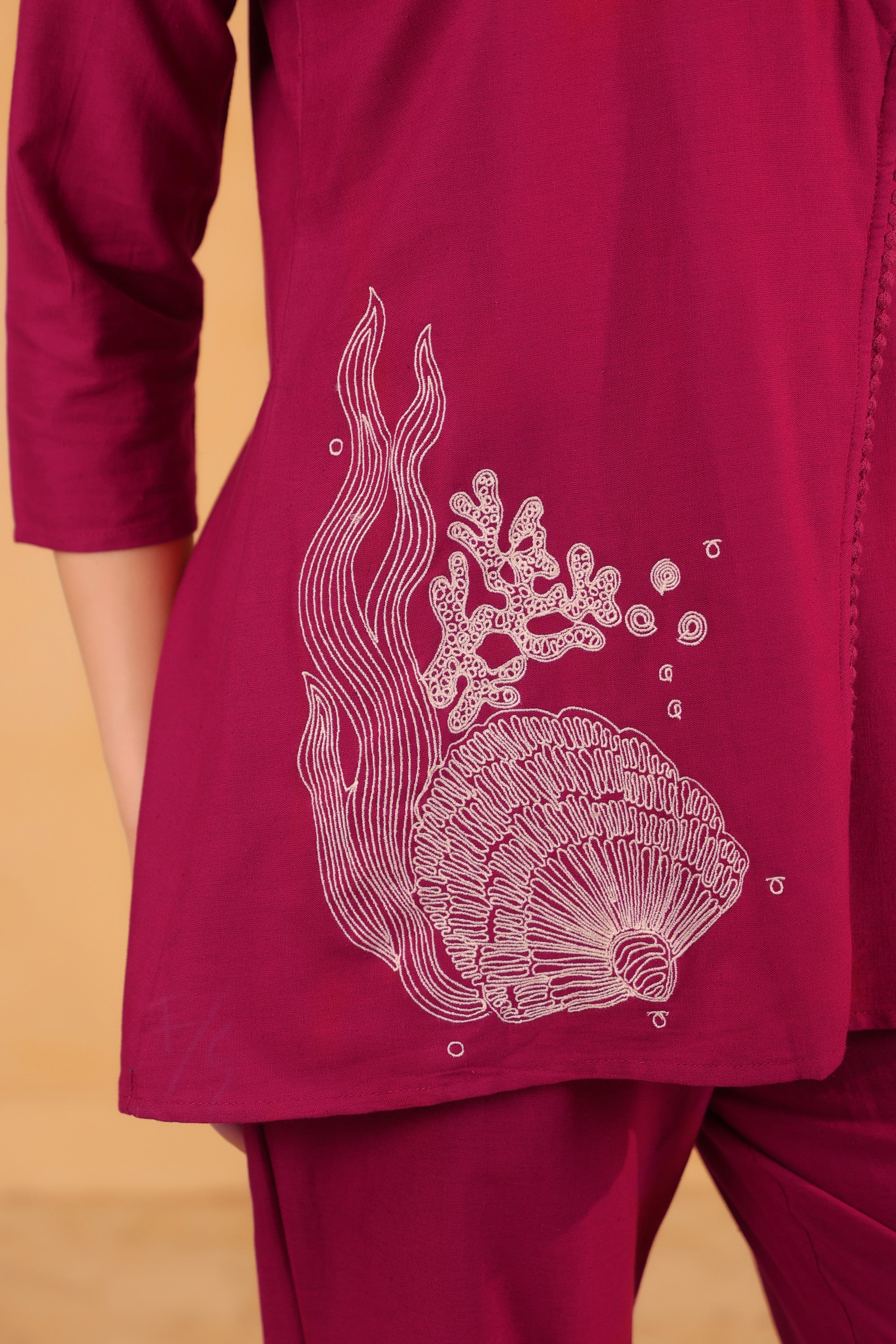 Magenta Wrap Style Placement Embroidered Cotton Flex Two Piece Co-ord Set