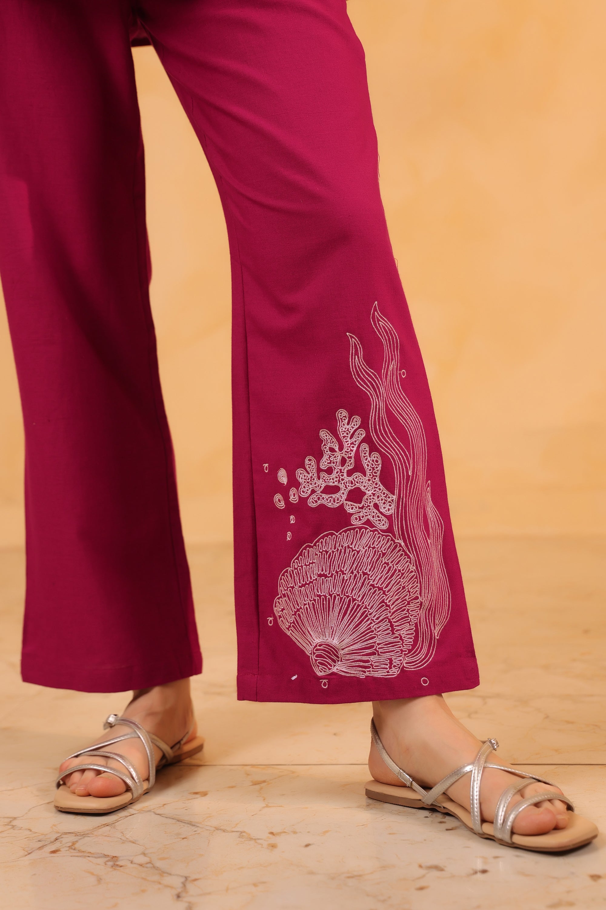 Magenta Wrap Style Placement Embroidered Cotton Flex Two Piece Co-ord Set