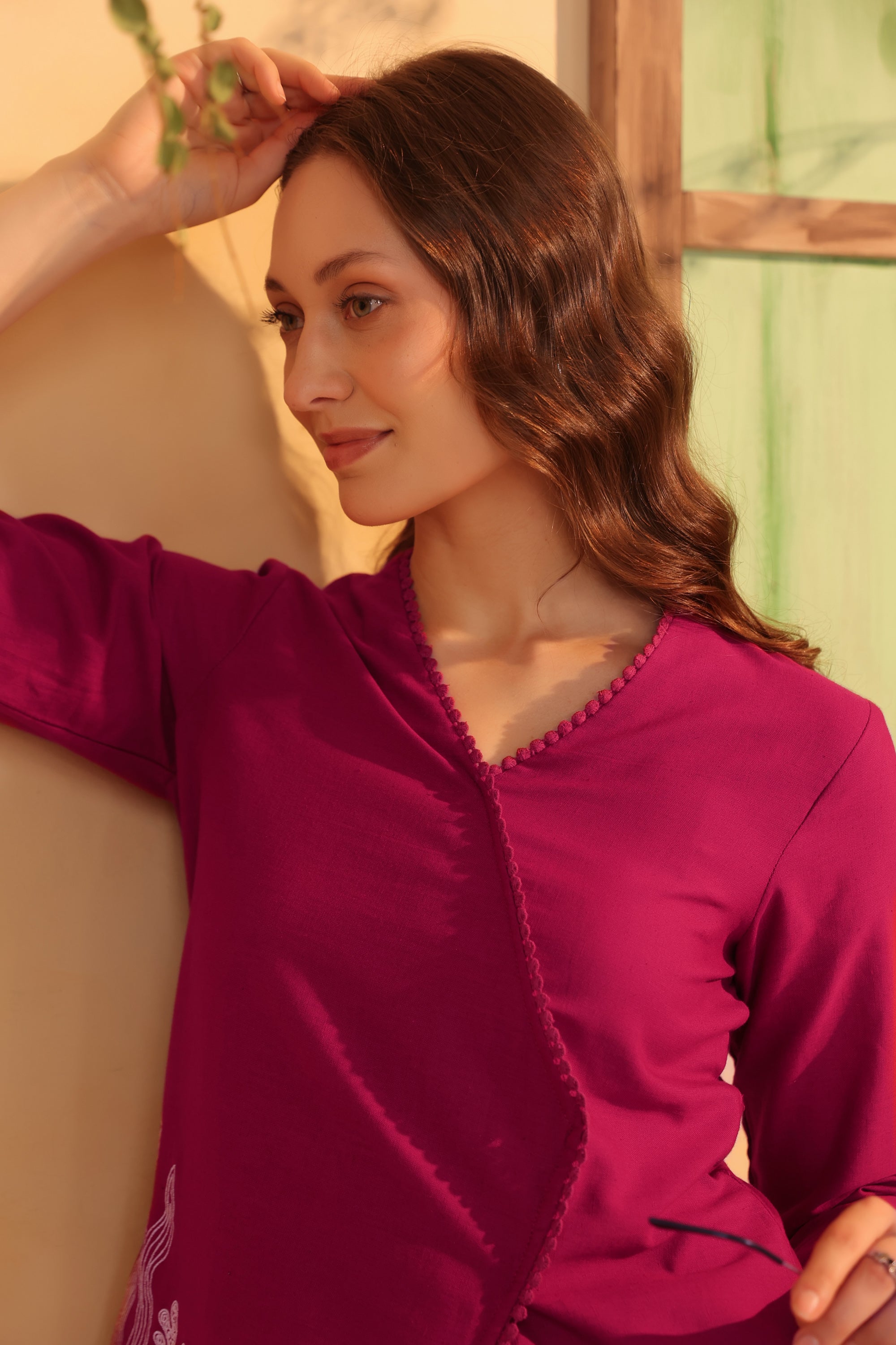 Magenta Wrap Style Placement Embroidered Cotton Flex Two Piece Co-ord Set