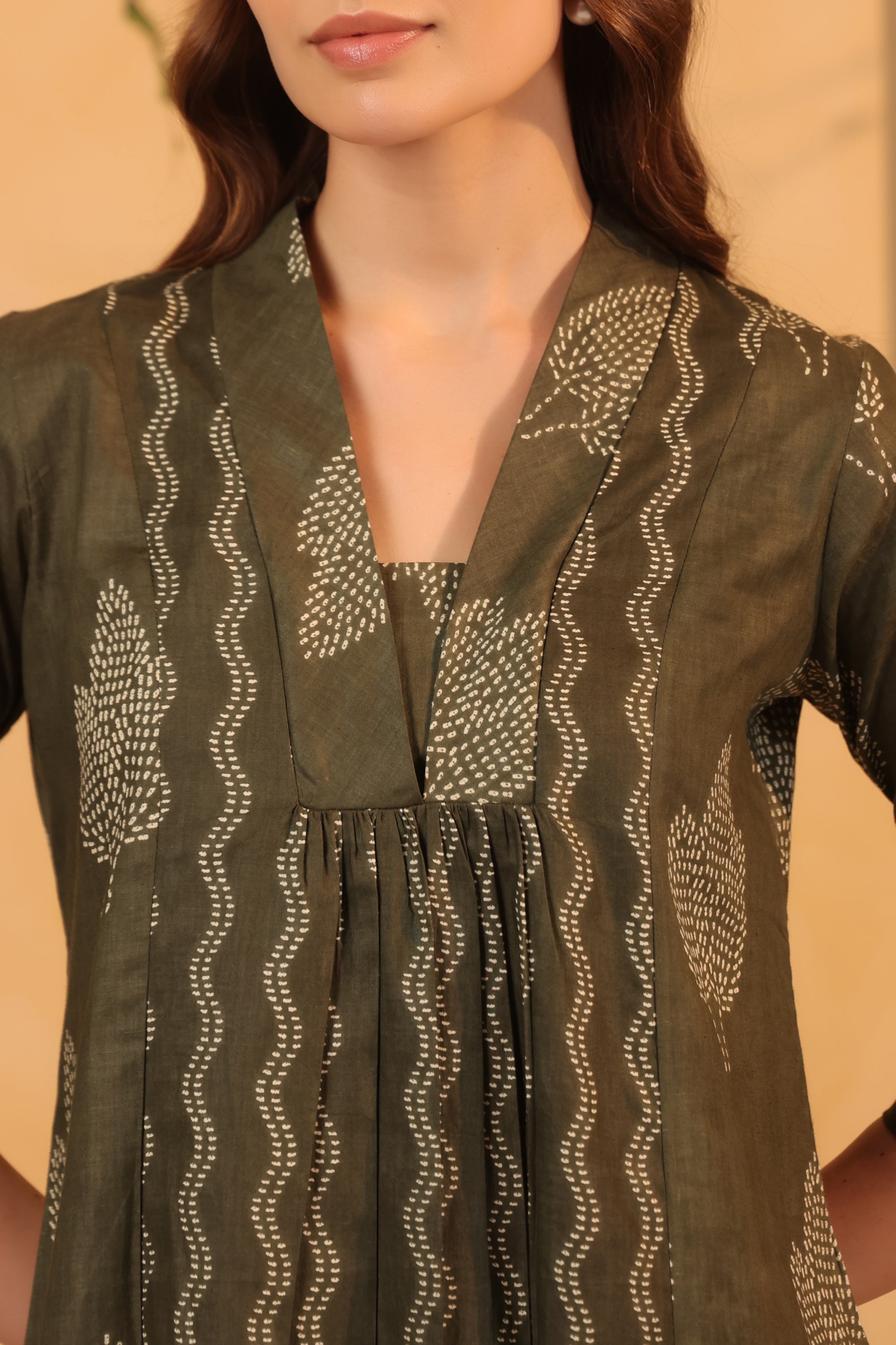 Olive Green Nature Leaf Printed Tunic & Pant Cotton Co-ord Set