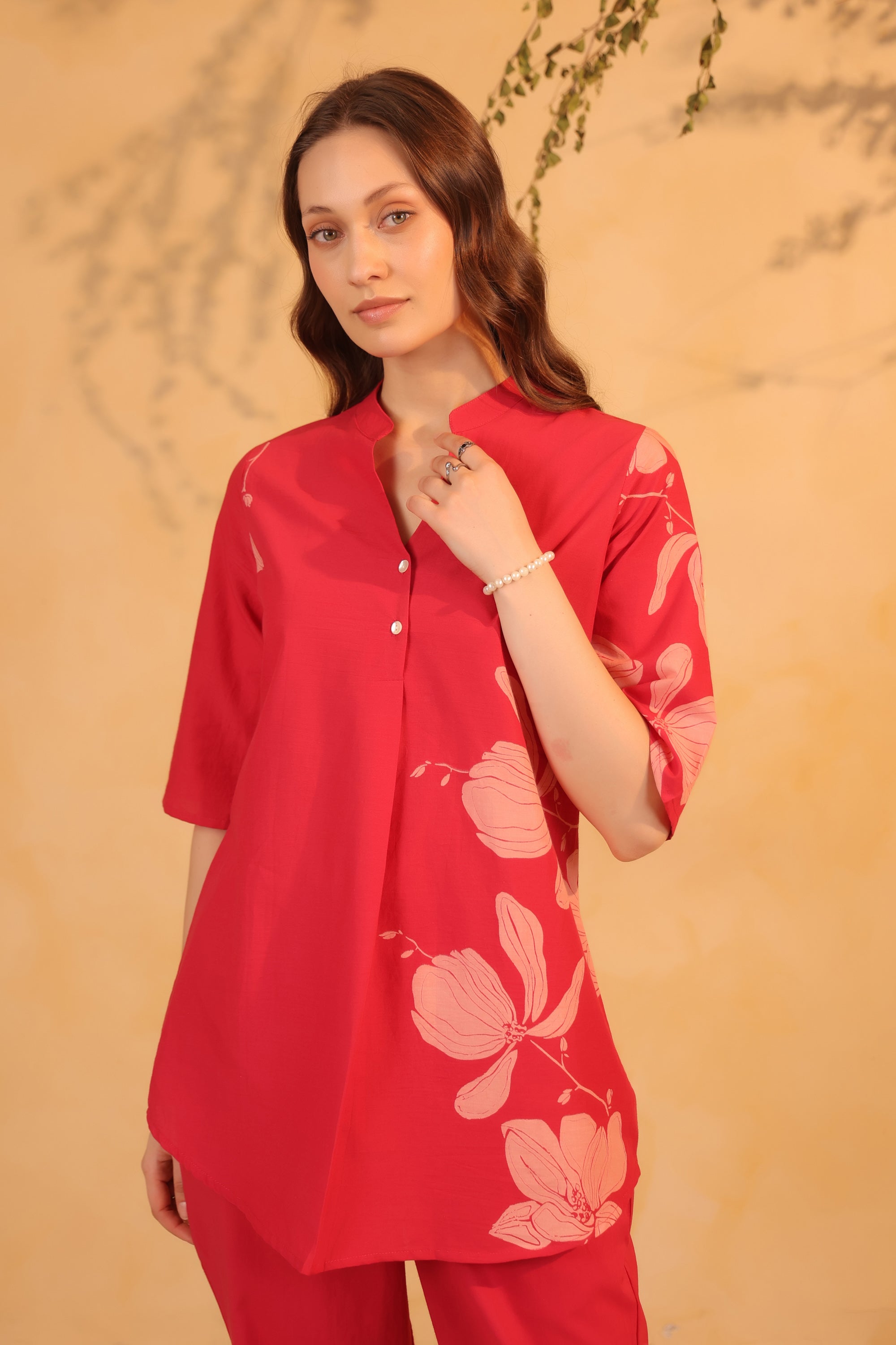 Pink Contemporary Floral Printed Cotton Two-Piece Co-ord Set