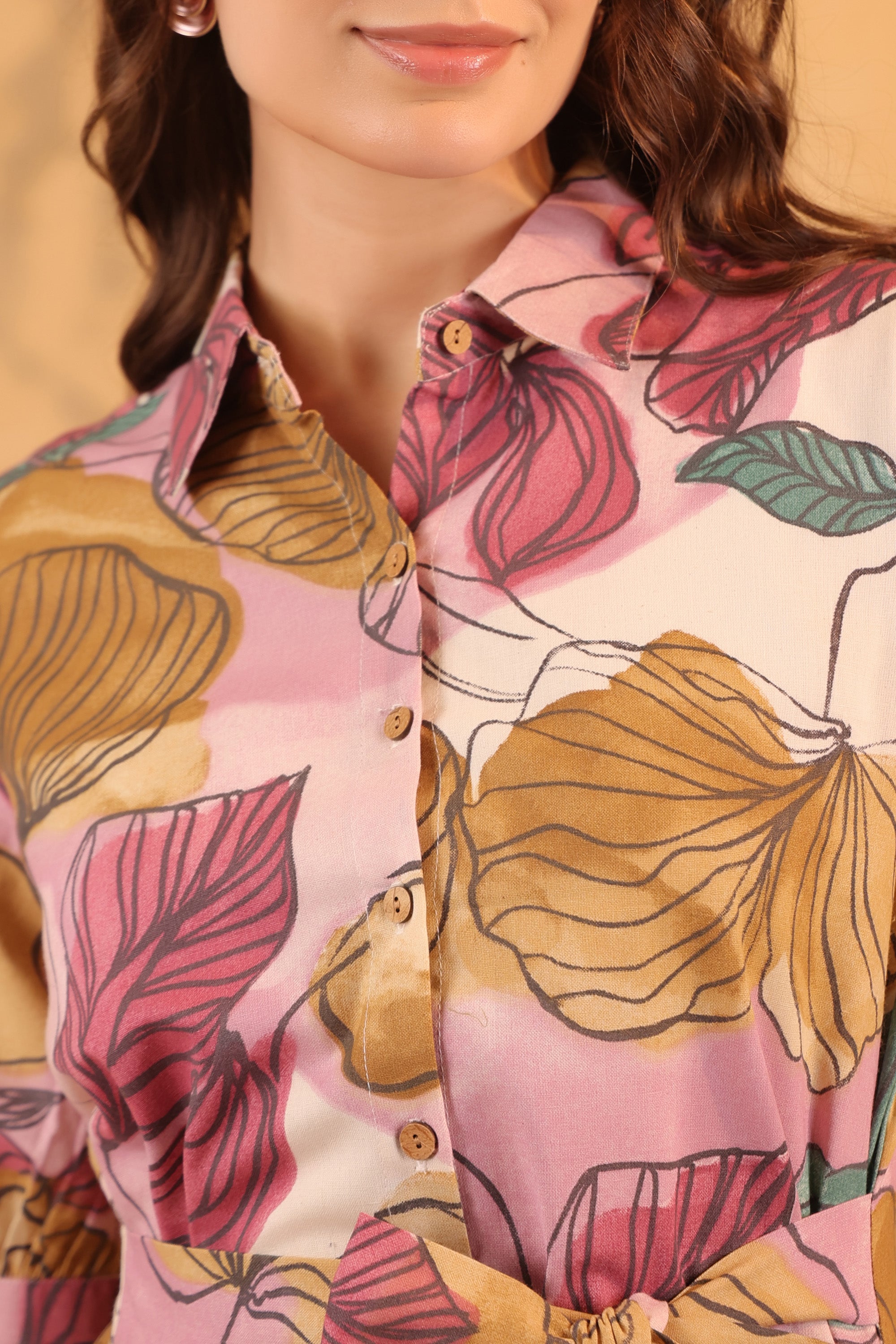 Pink Multi-Leaf Printed Cotton Flex Tie-Up Waist Midi Dress