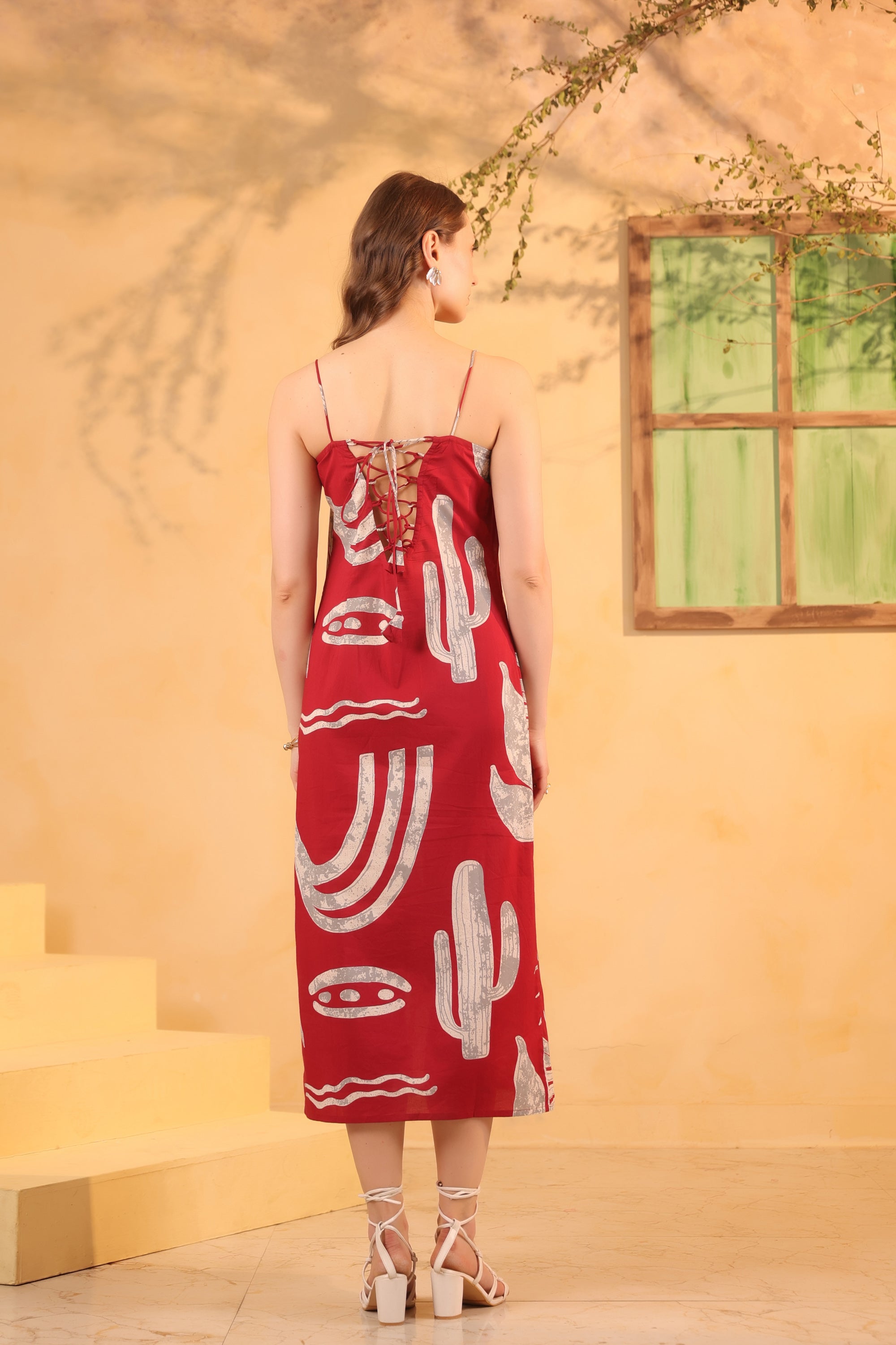 Maroon Abstract Printed Cotton Sleeveless Strap Midi Dress with Side Slit