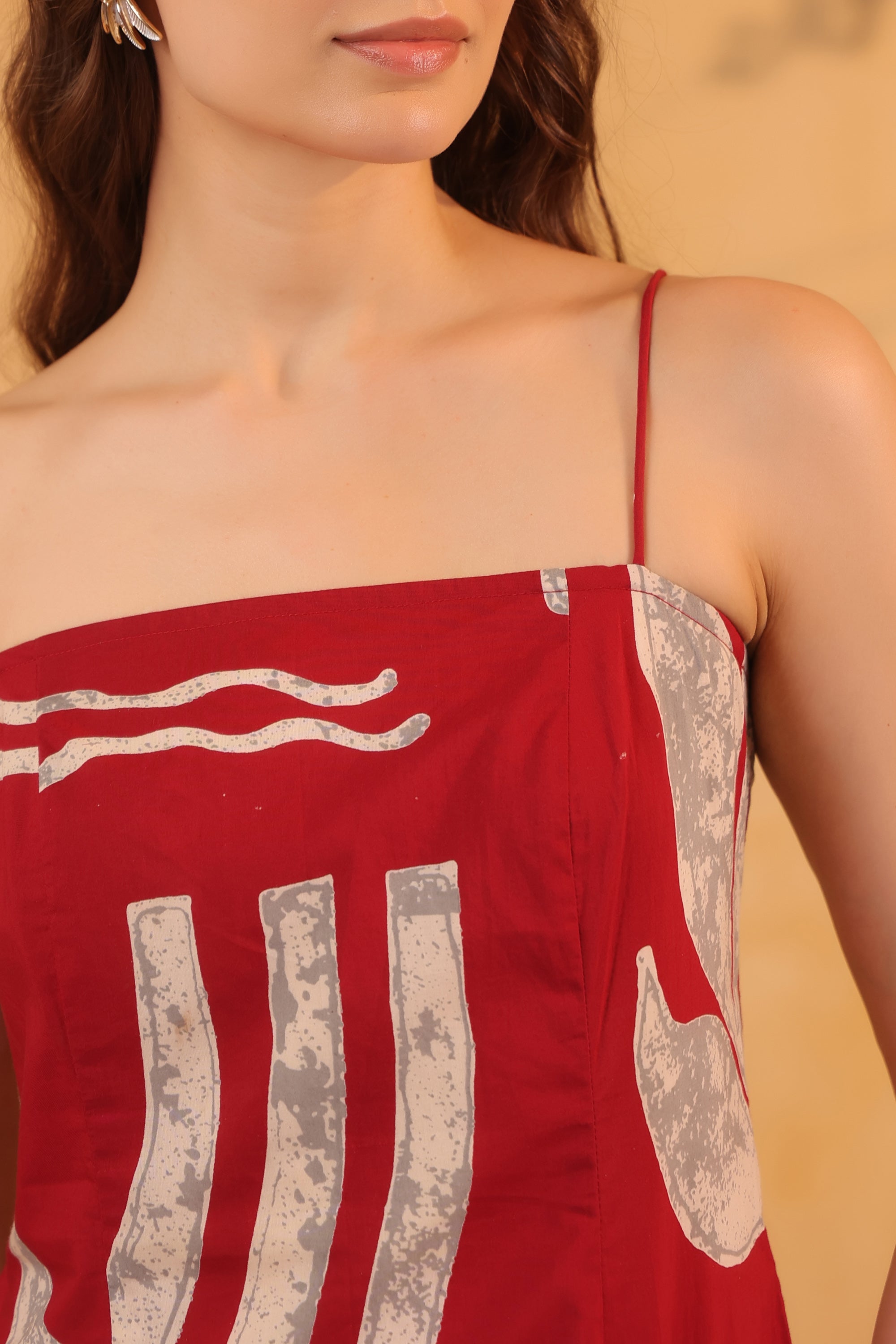 Maroon Abstract Printed Cotton Sleeveless Strap Midi Dress with Side Slit