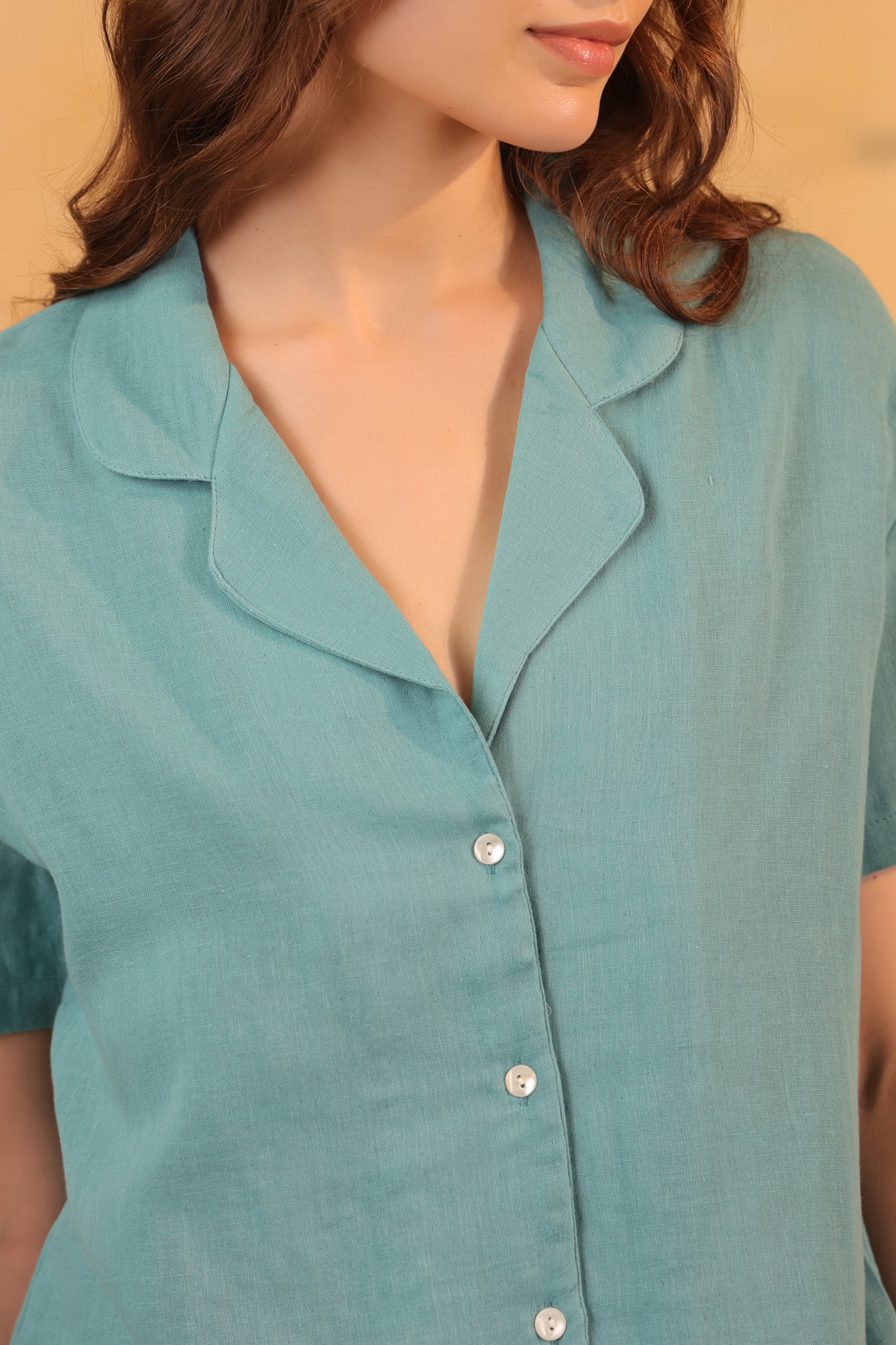 Teal Solid Cotton Button-Down Night Suit Set