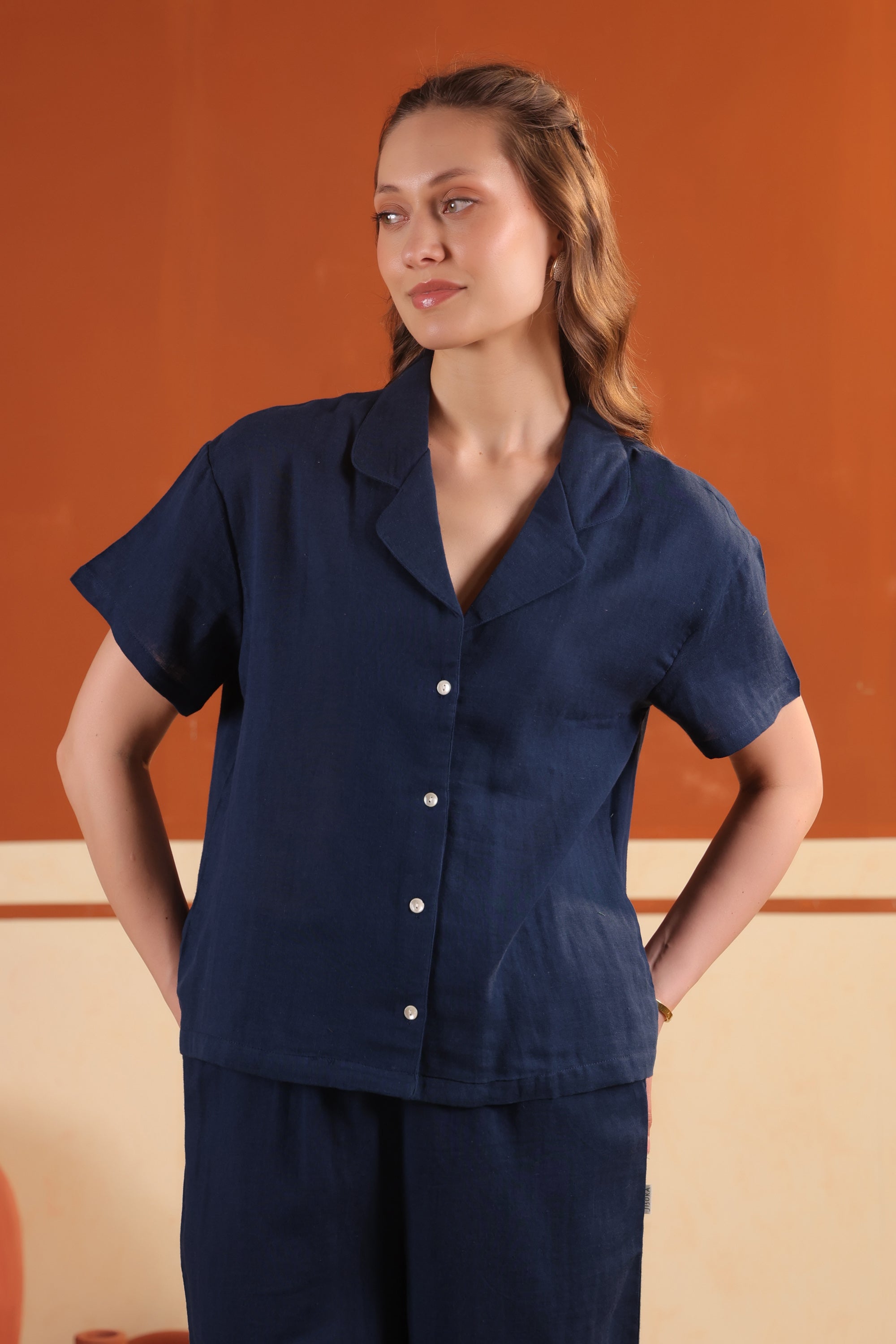 Navy Blue Solid Button-Down Night Suit Set With Pants