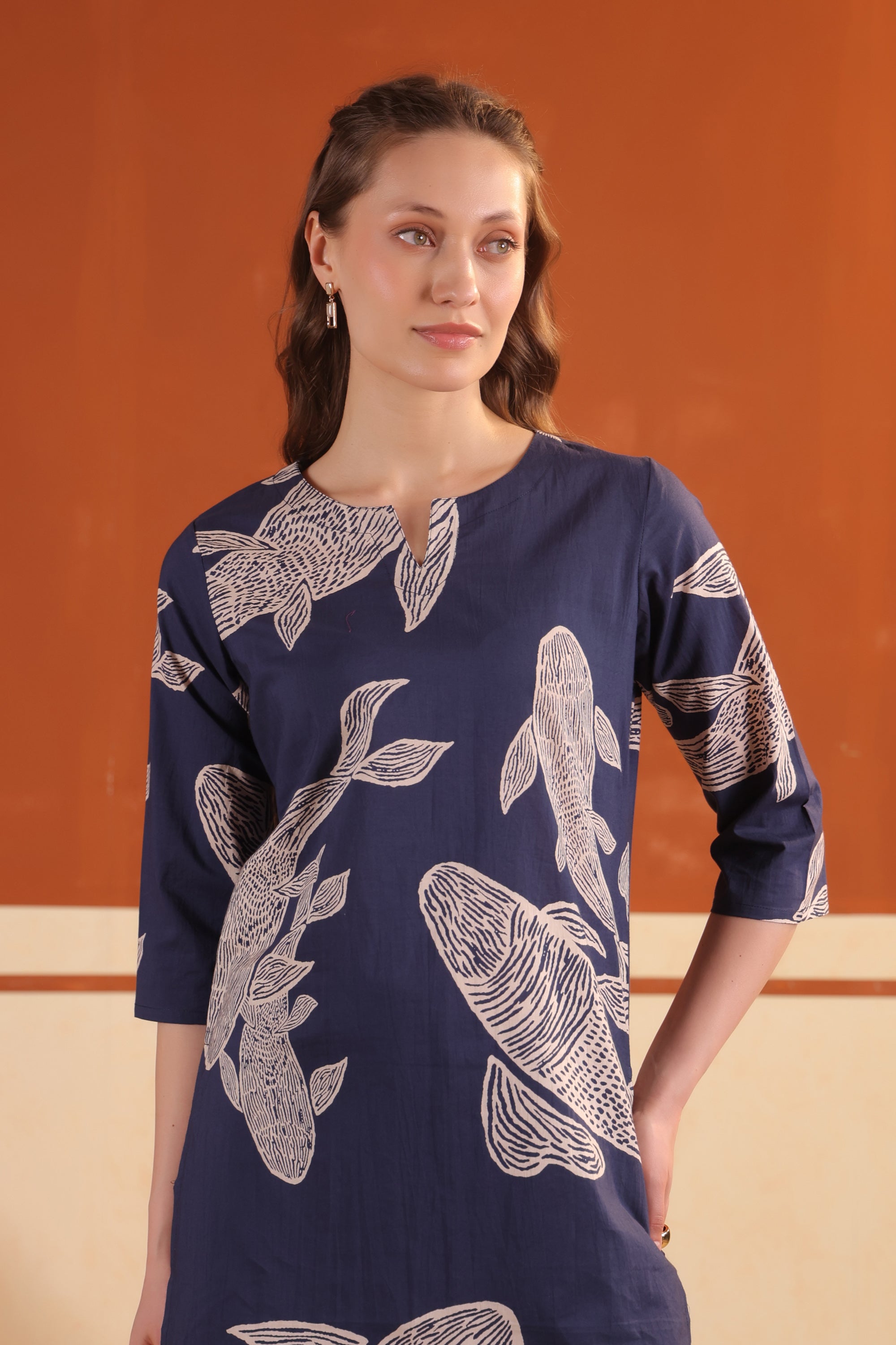 Navy Blue Abstract Fish Printed Tunic with Wide-Leg Pants Cotton Co-ord Set