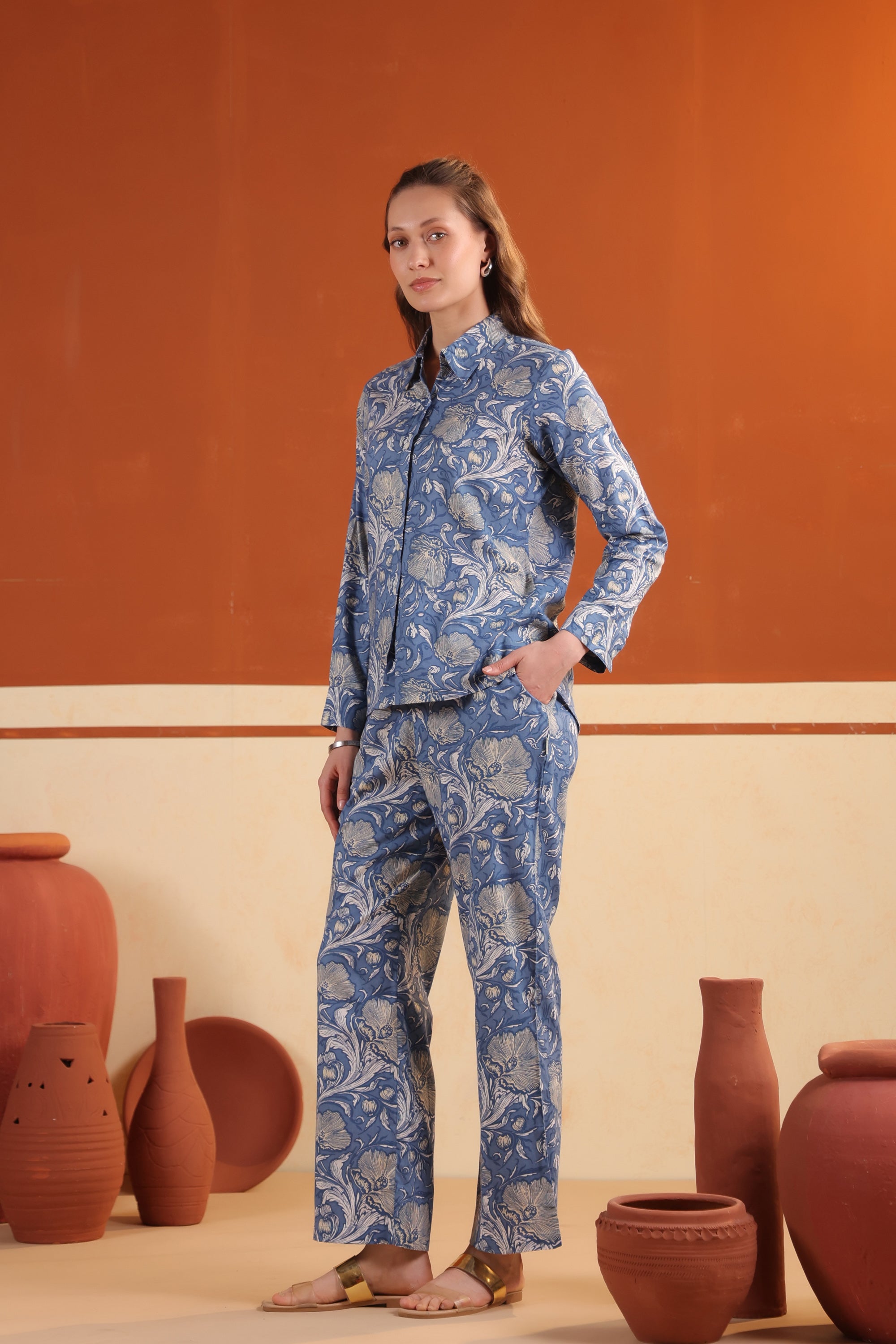 Dusty Blue Floral Printed Button-Down Shirt with Matching Pants Cotton Co-ord Set