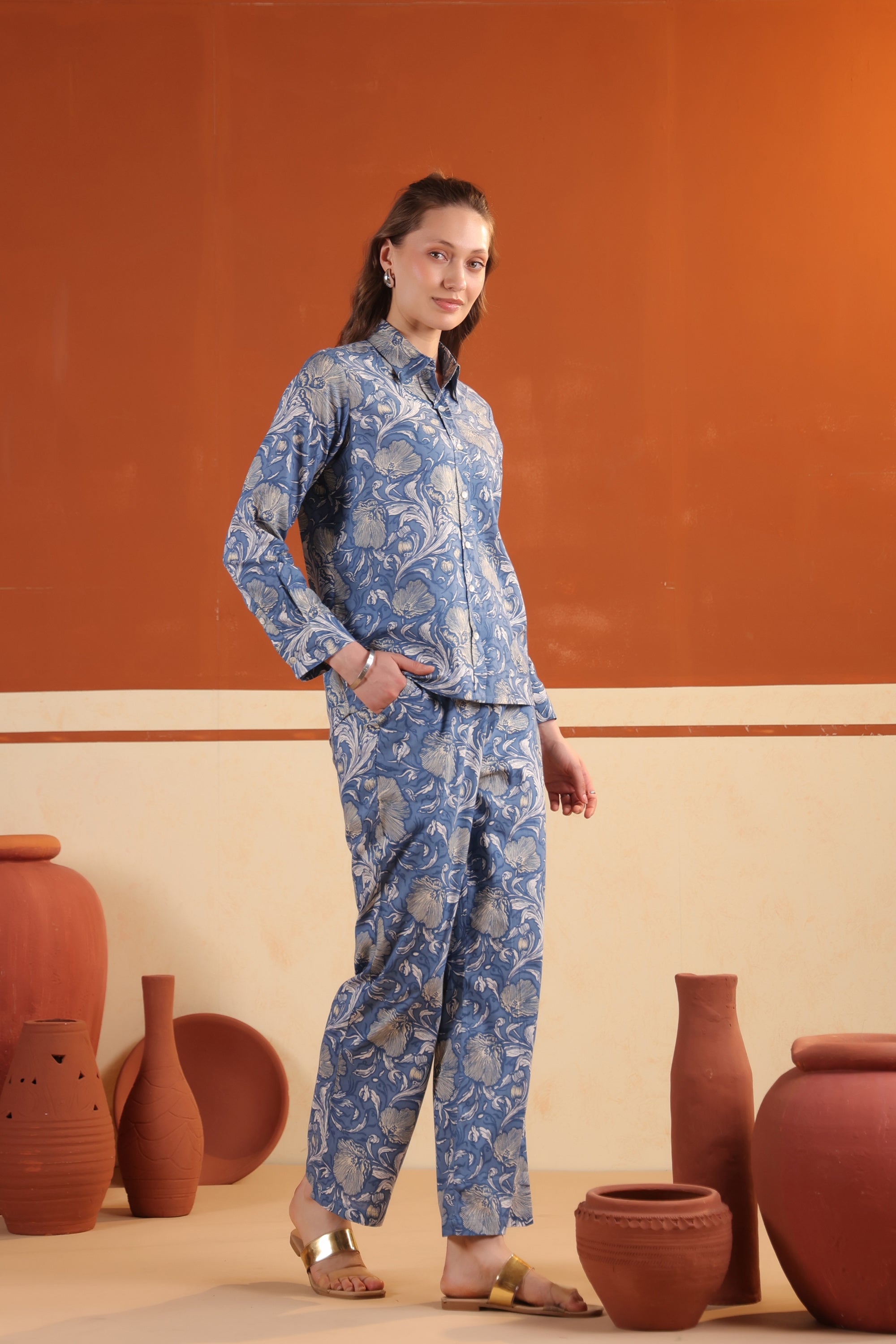 Dusty Blue Floral Printed Button-Down Shirt with Matching Pants Cotton Co-ord Set