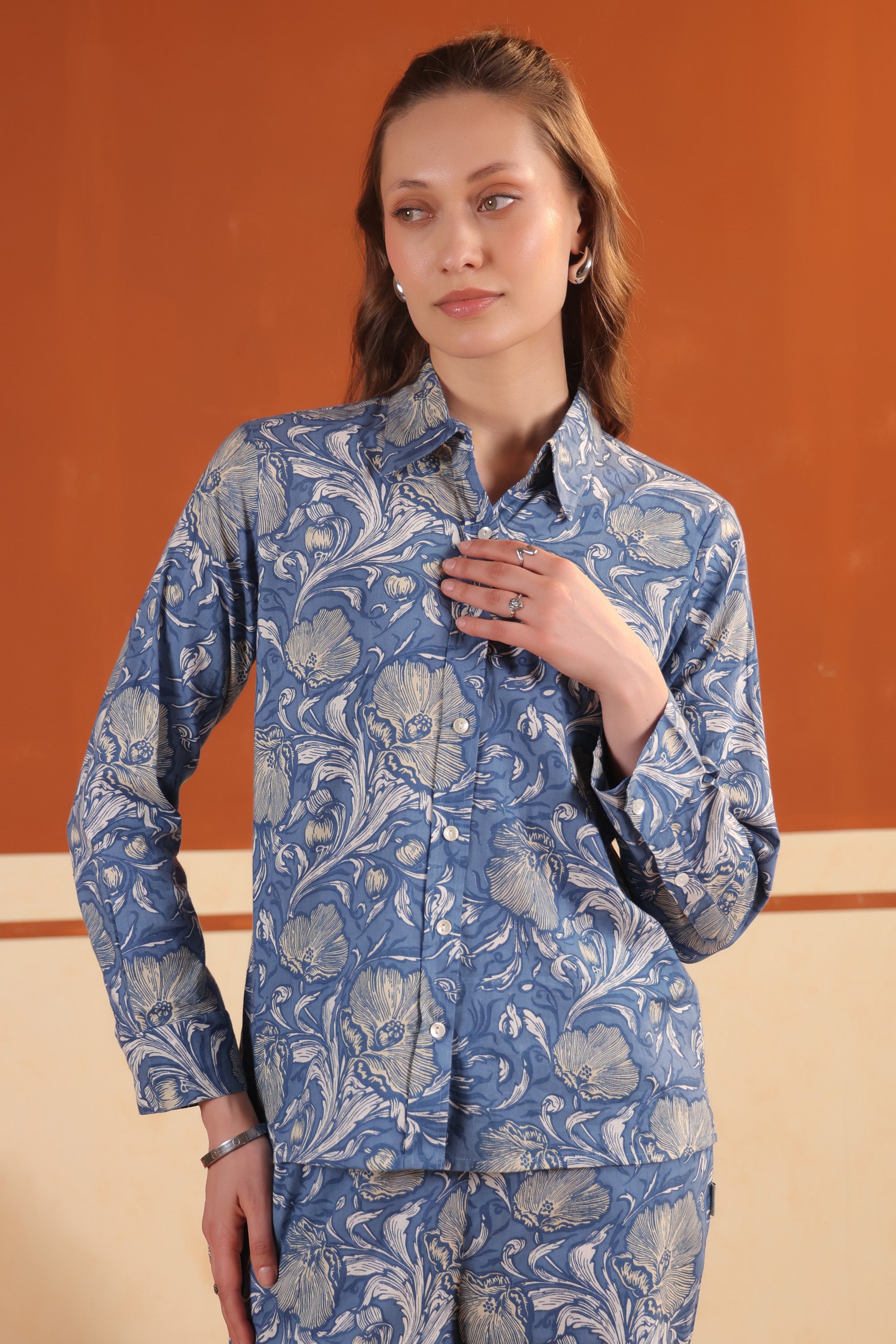 Dusty Blue Floral Printed Button-Down Shirt with Matching Pants Cotton Co-ord Set