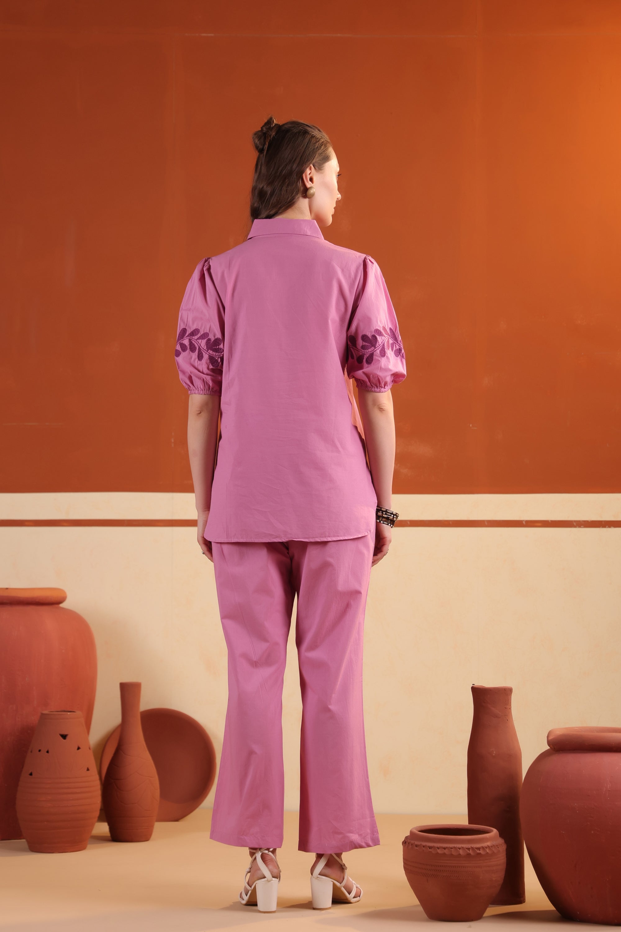 Pink Floral Vine Printed Cotton Top with Straight Pants Co-ord Set