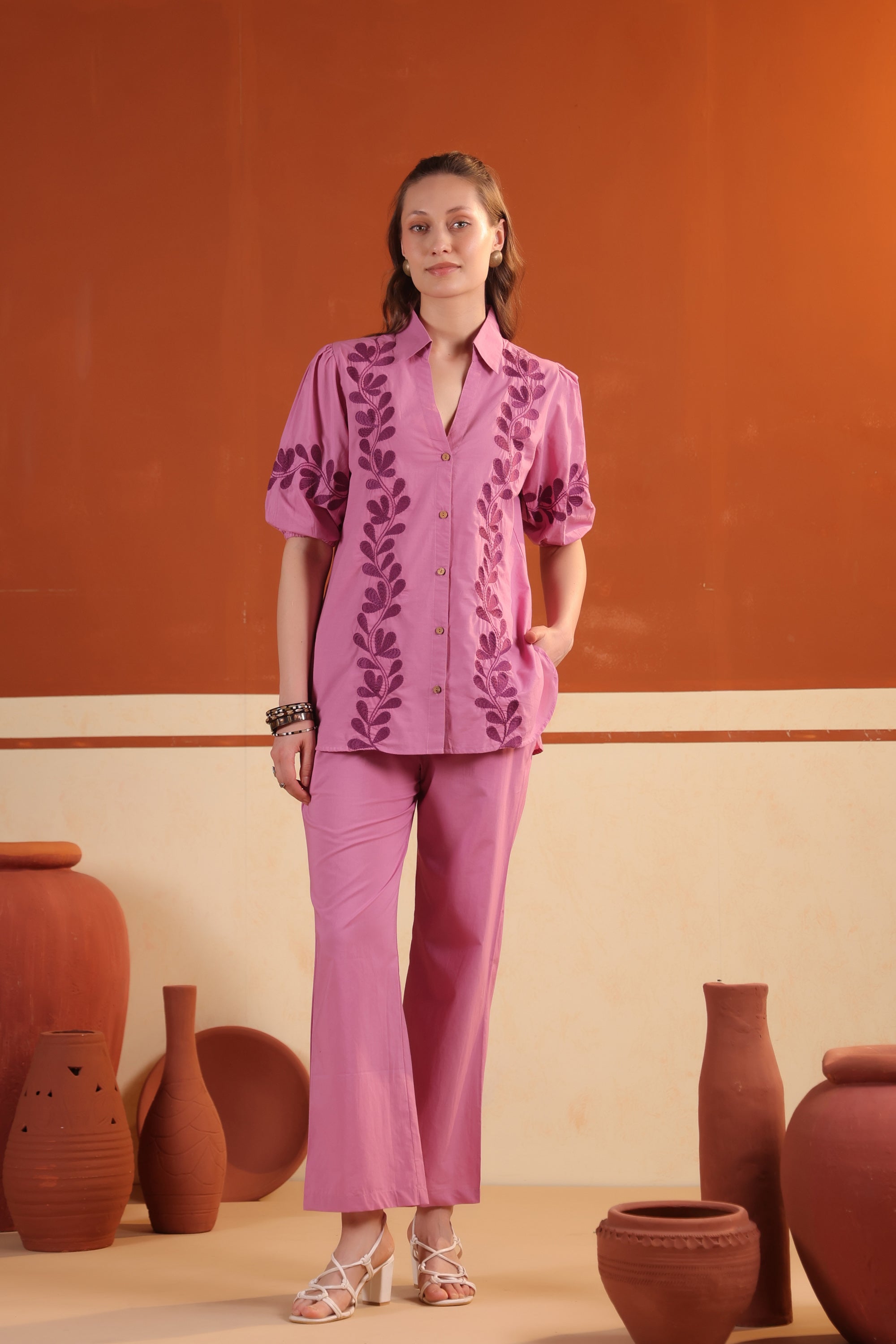 Pink Floral Vine Printed Cotton Top with Straight Pants Co-ord Set