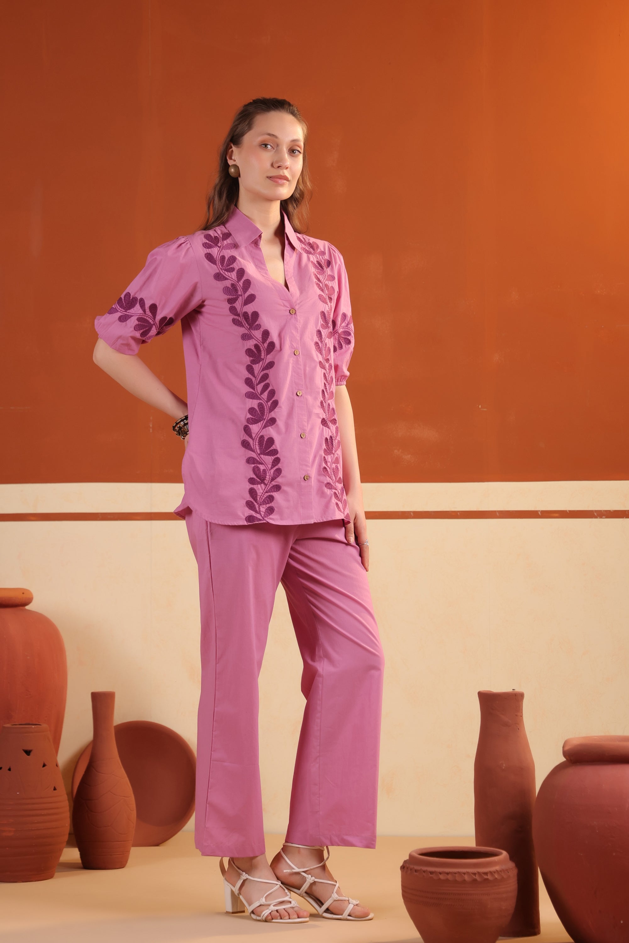 Pink Floral Vine Printed Cotton Top with Straight Pants Co-ord Set