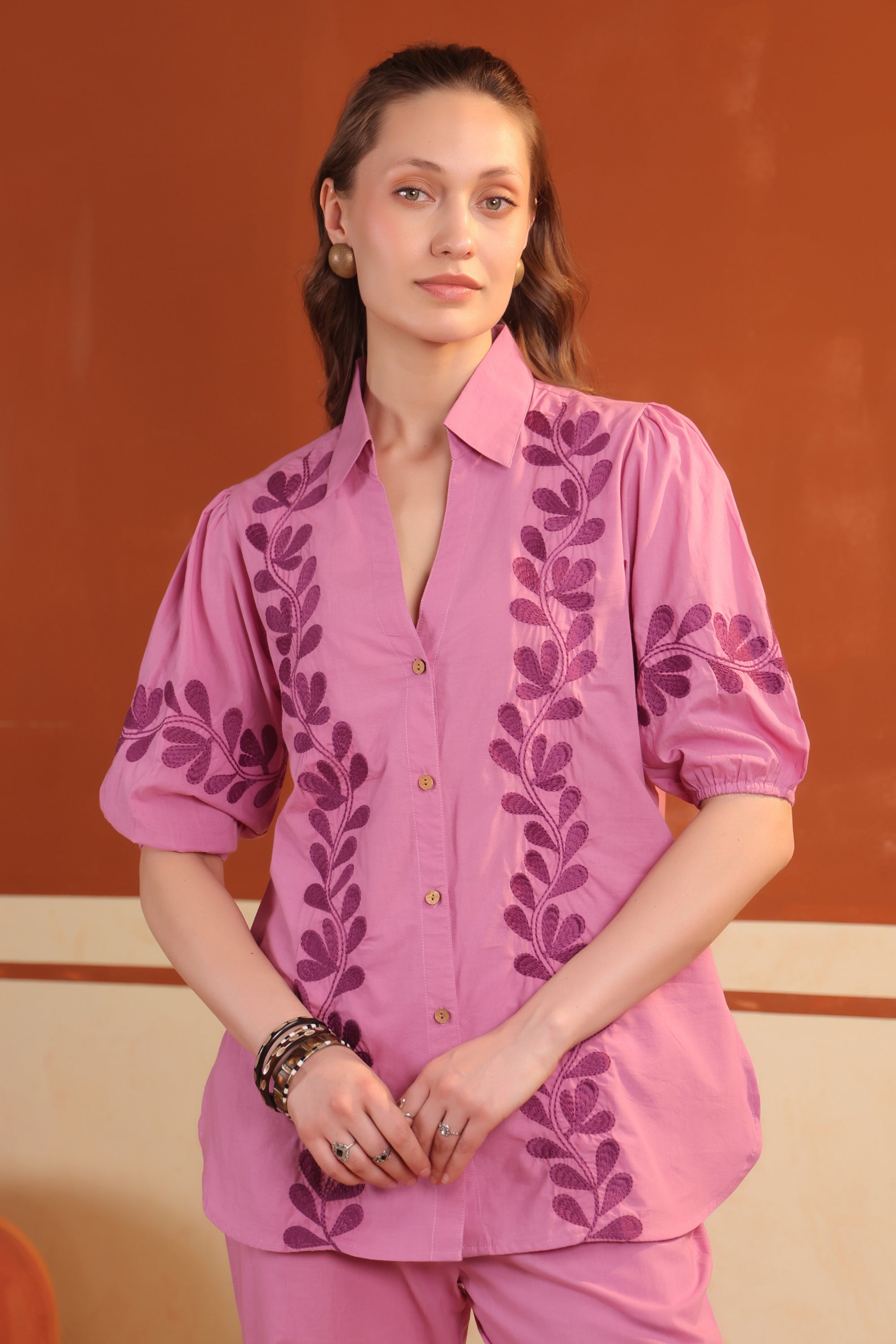 Pink Floral Vine Printed Cotton Top with Straight Pants Co-ord Set